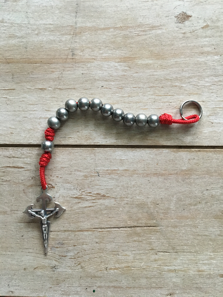 Red Rosary Keychain | Silver Beads & Paracord | St. James Crucifix